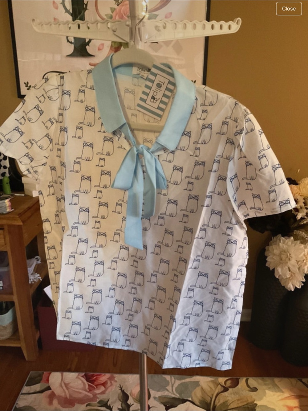 White Owl Print Top with Light Blue Collar & Tie